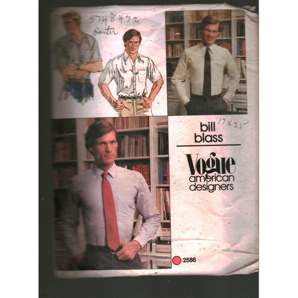 Vintage Bill Blass Vogue 2586 Mens Shirt Sewing Pattern Size 16.5 Neck 44 Chest